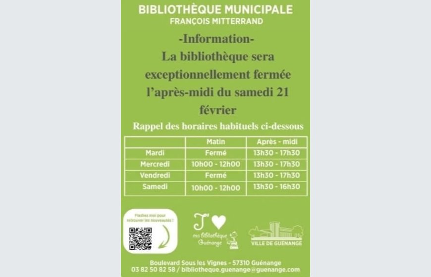 fermeture de la bibliothèque samedi après-midi
